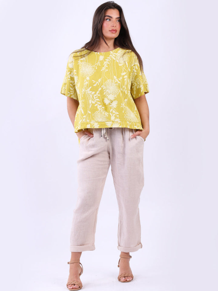 Floral Print Linen Crop Top Mustard