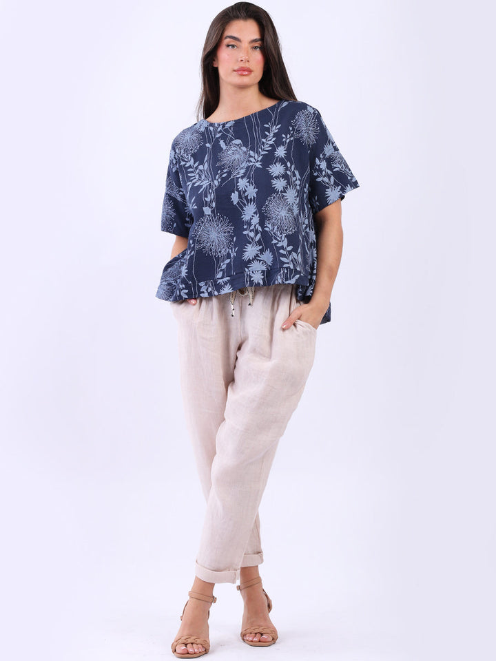 Floral Print Linen Crop Top Navy