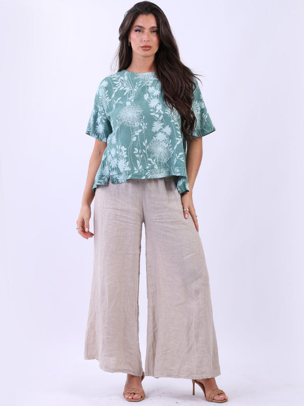 Floral Print Linen Crop Top Ocean Blue