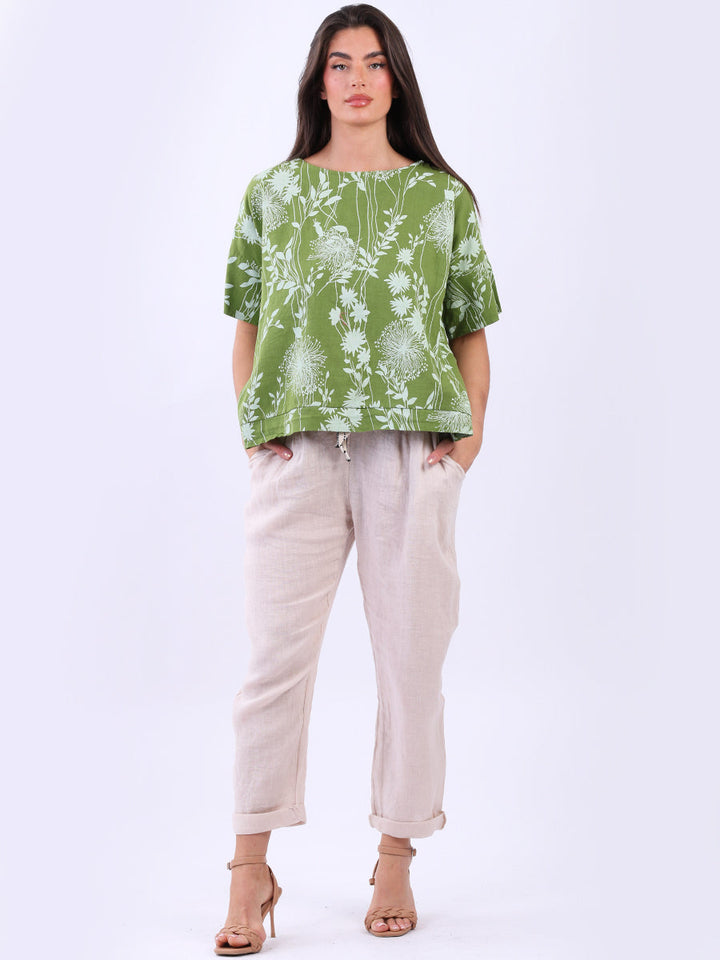 Floral Print Linen Crop Top Olive