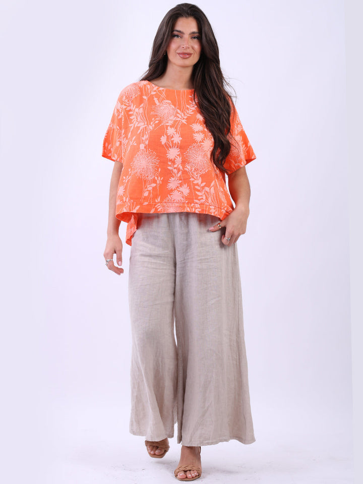 Floral Print Linen Crop Top Orange