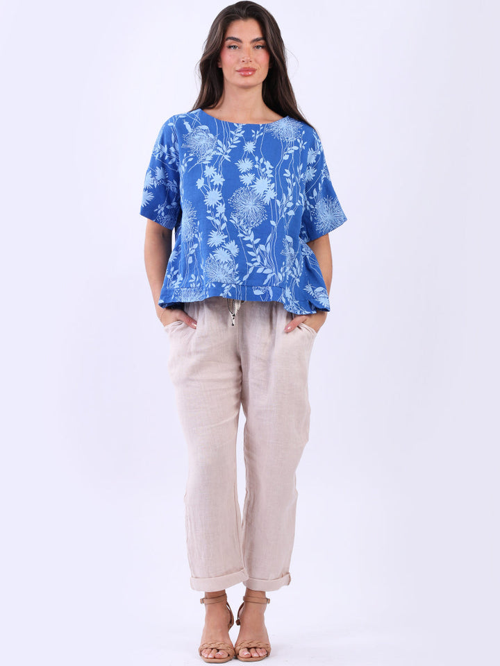 Floral Print Linen Crop Top Royal Blue