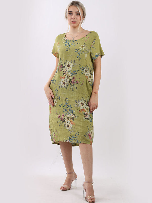 Italian Floral Print Lagenlook Linen Dress