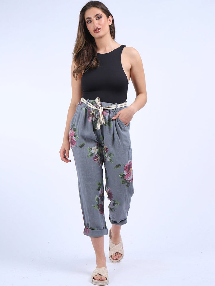 Italian Floral Print Linen Trouser