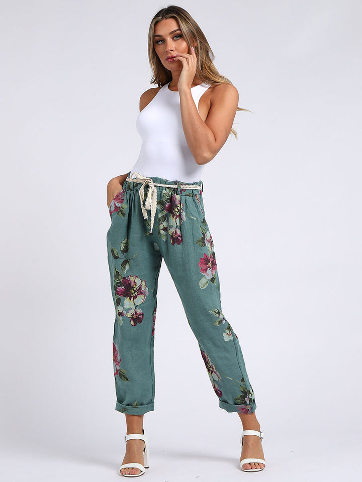 Italian Floral Print Linen Trouser