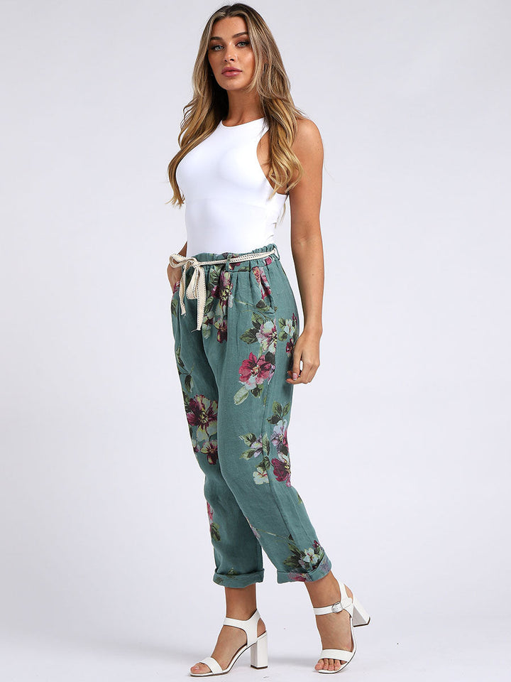 Italian Floral Print Linen Trouser