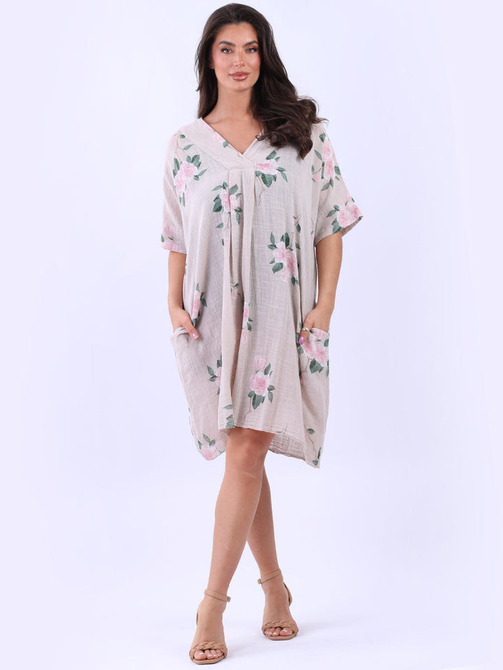 Floral Plus Size Cotton Dress Beige