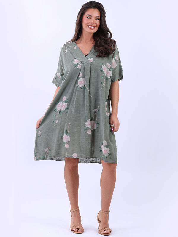 Floral Plus Size Cotton Dress Khaki