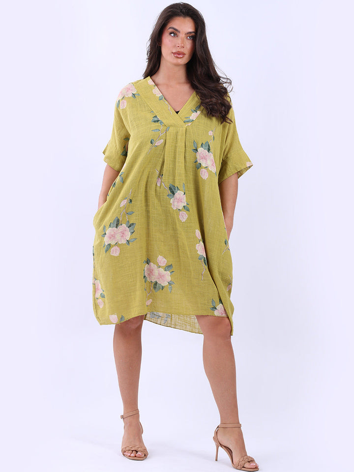 Floral Plus Size Cotton Dress Lime Green