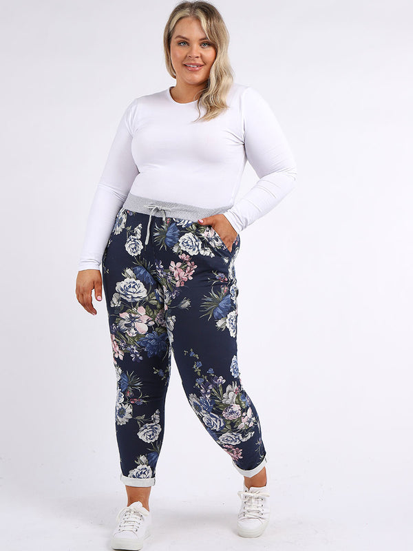 Plus Size Floral Print Side Pockets Ladies Cotton Trouser