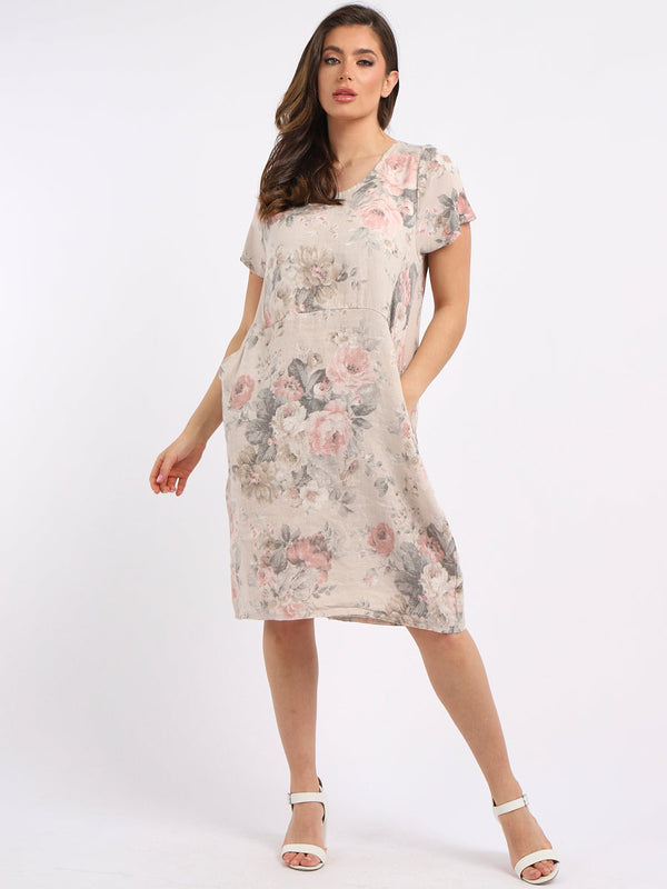 Italian Floral Print Side Ribbed Linen Lagenlook Dress