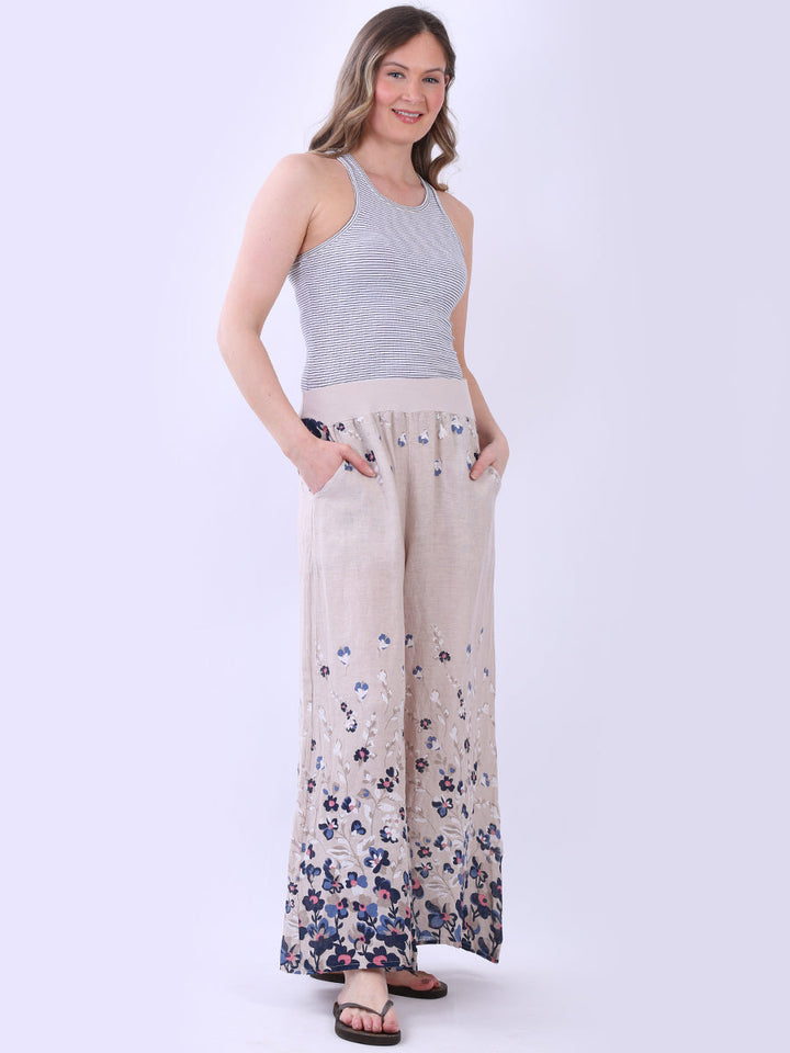 Floral Wide Leg Linen Palazzo Beige