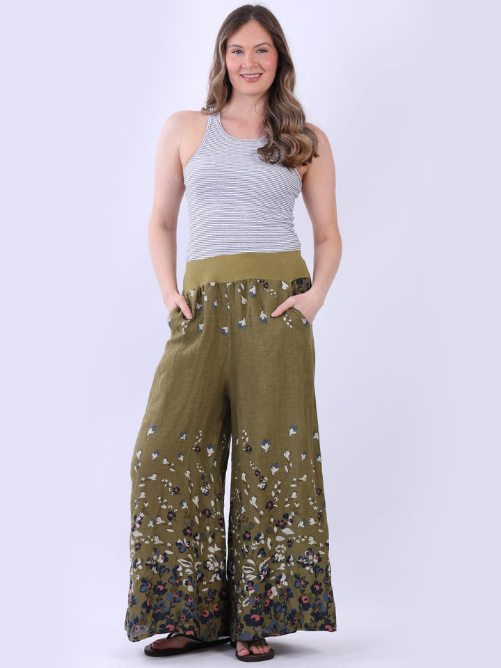 Floral Wide Leg Linen Palazzo Olive
