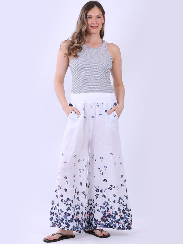 Floral Wide Leg Linen Palazzo White