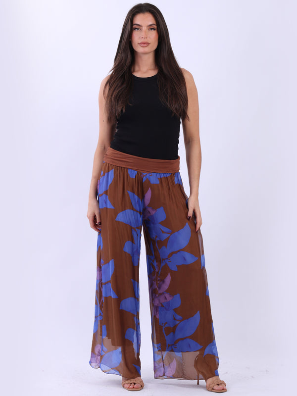 Floral Wide Leg Silk Palazzo-Chocolate
