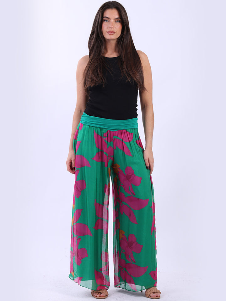 Floral Wide Leg Silk Palazzo-Green