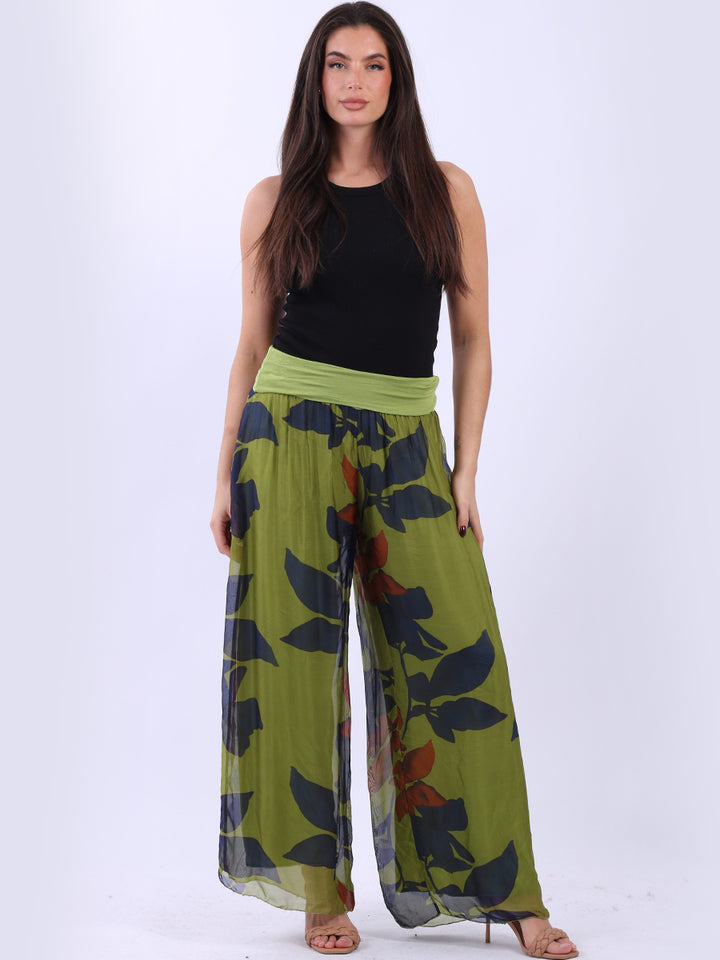 Floral Wide Leg Silk Palazzo-Olive