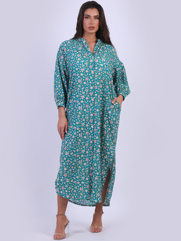  Floral Cotton Maxi Dress Teal