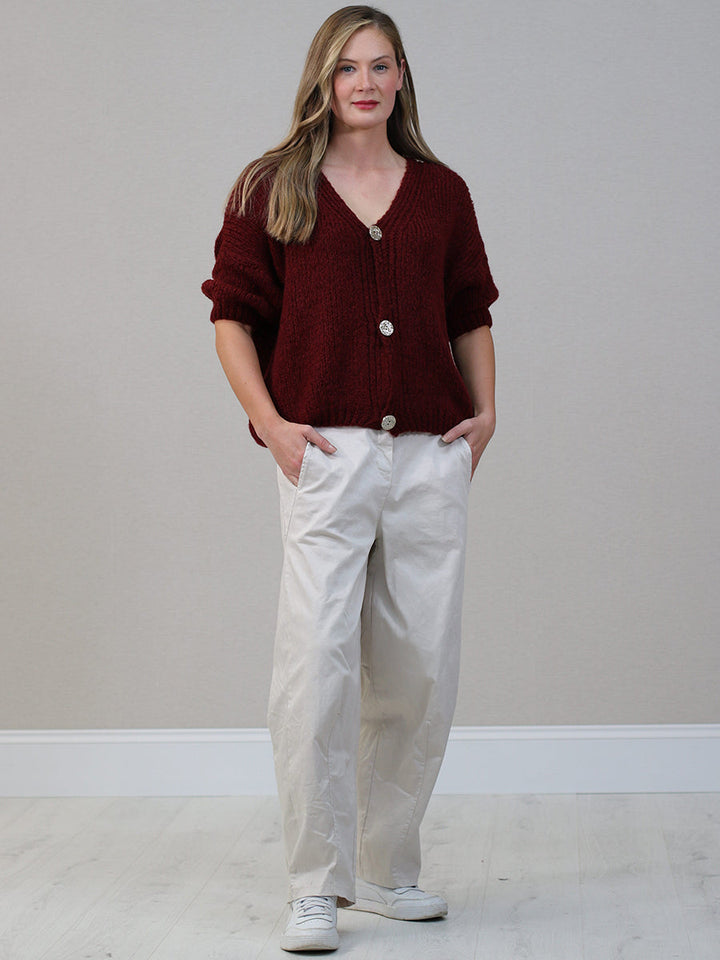Solid Knitted Wool Cardigan Wine