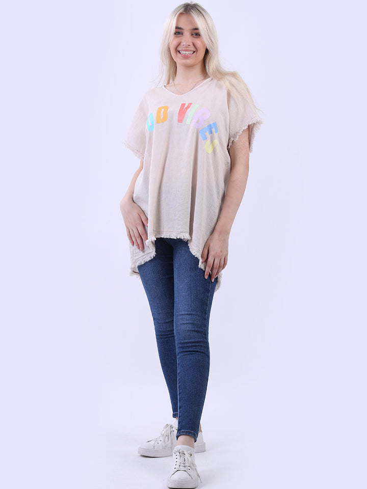 V-Neck Cotton Lagenlook T-Shirt Beige