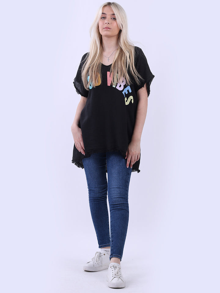 V-Neck Cotton Lagenlook T-Shirt Black