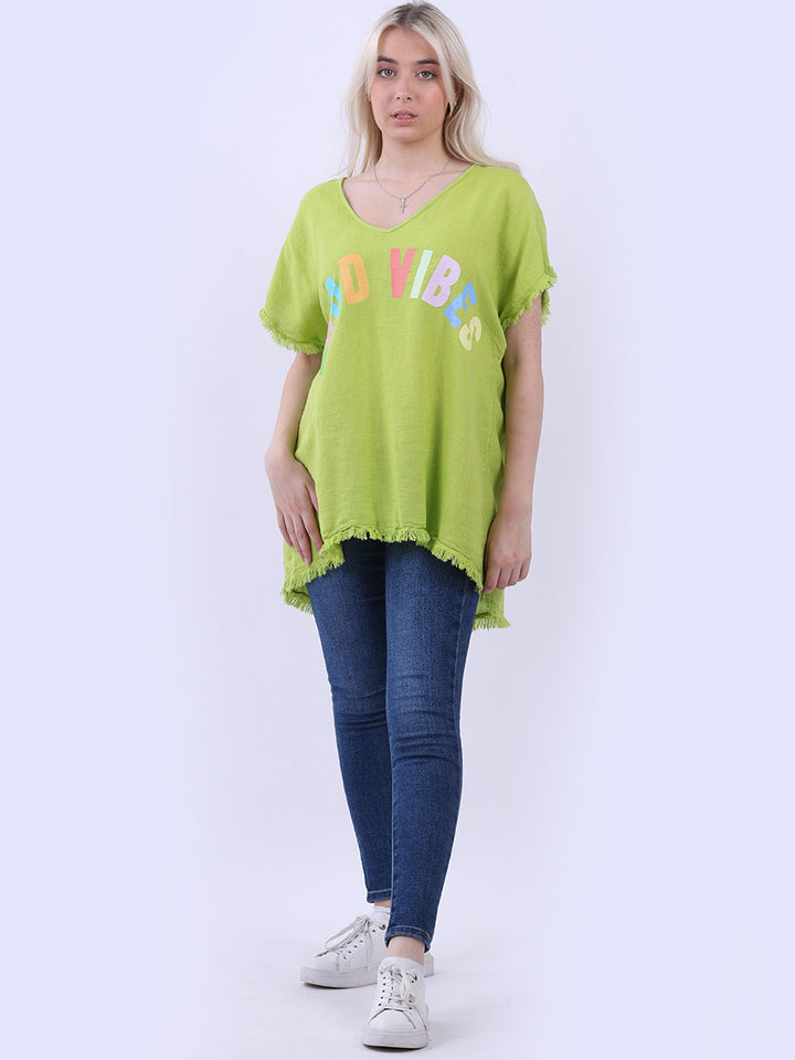 V-Neck Cotton Lagenlook T-Shirt Lime Green