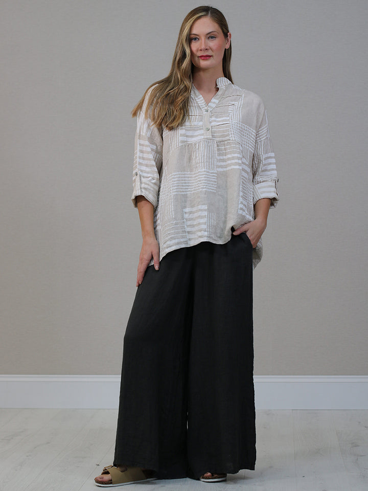 Stripes Baggy Linen Top Beige