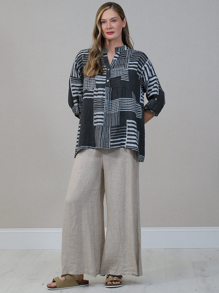 Stripes Baggy Linen Top Charcoal