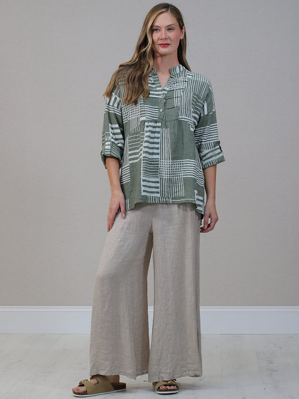 Stripes Baggy Linen Top Khaki