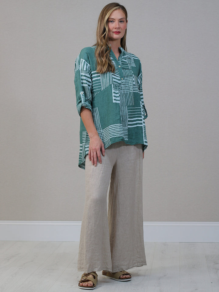 Stripes Baggy Linen Top Ocean Blue