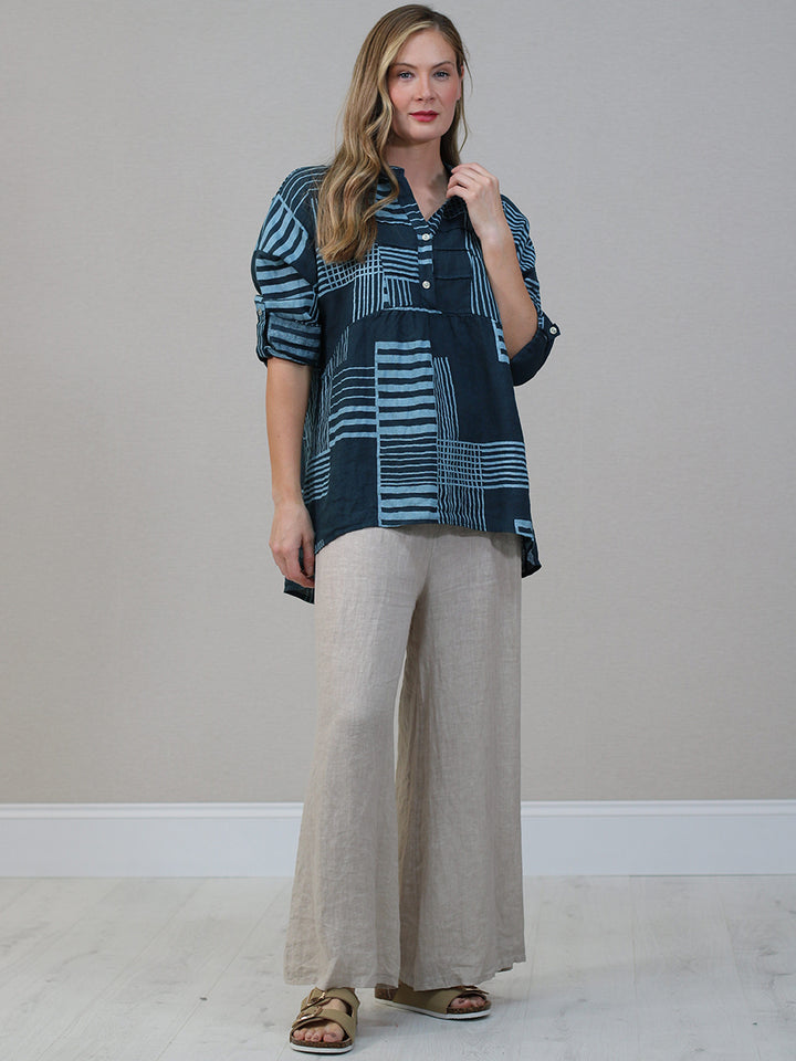 Stripes Baggy Linen Top Teal