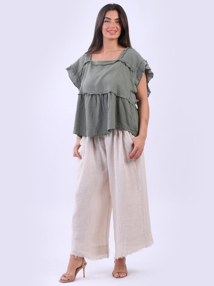 Hop Sack Linen Boxy Top Khaki