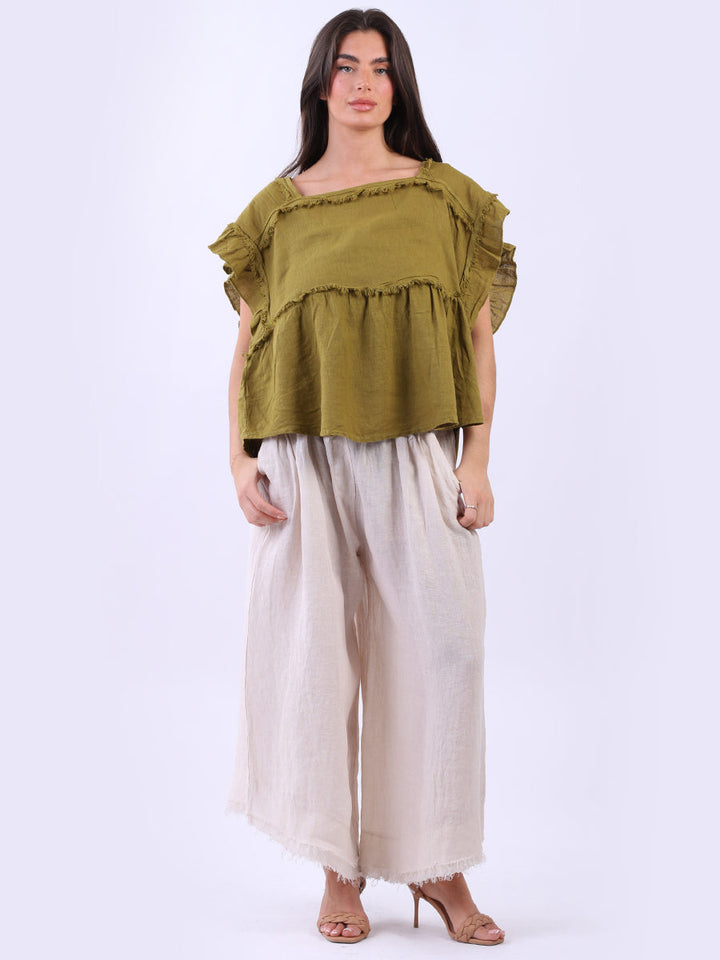 Hop Sack Linen Boxy Top Oive