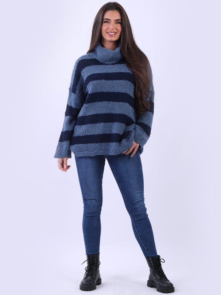 Knitted Cowl Neck Stripy Woolen Top Denim