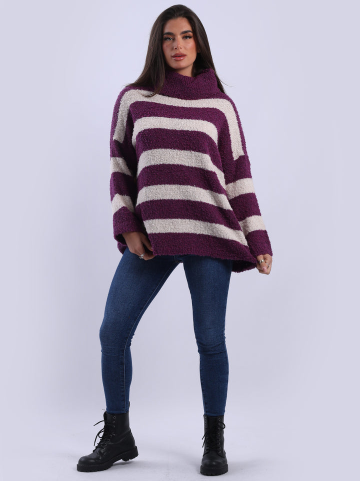 Knitted Cowl Neck Stripy Woolen Top Magenta