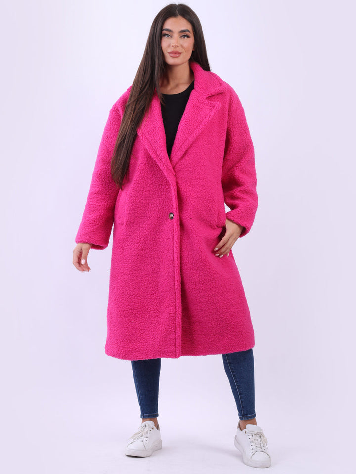 Teddy Bear Plus Size Woolen Coat Fuchsia
