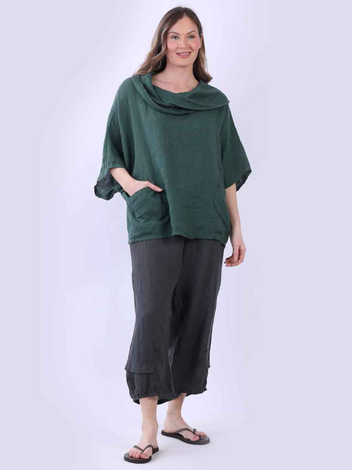 Plain Linen Baggy Top Bottle Green