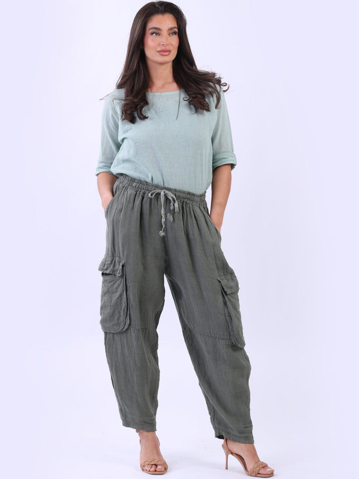 Linen Solid Cargo Trouser Khaki