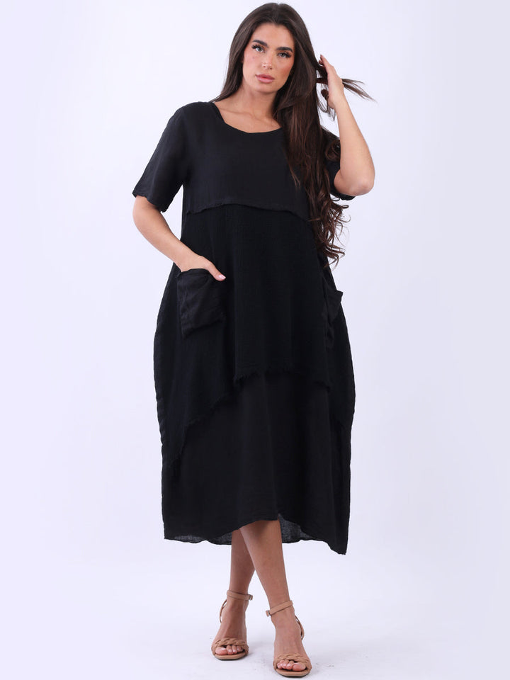 Mesh Net Linen Midi Dress Black