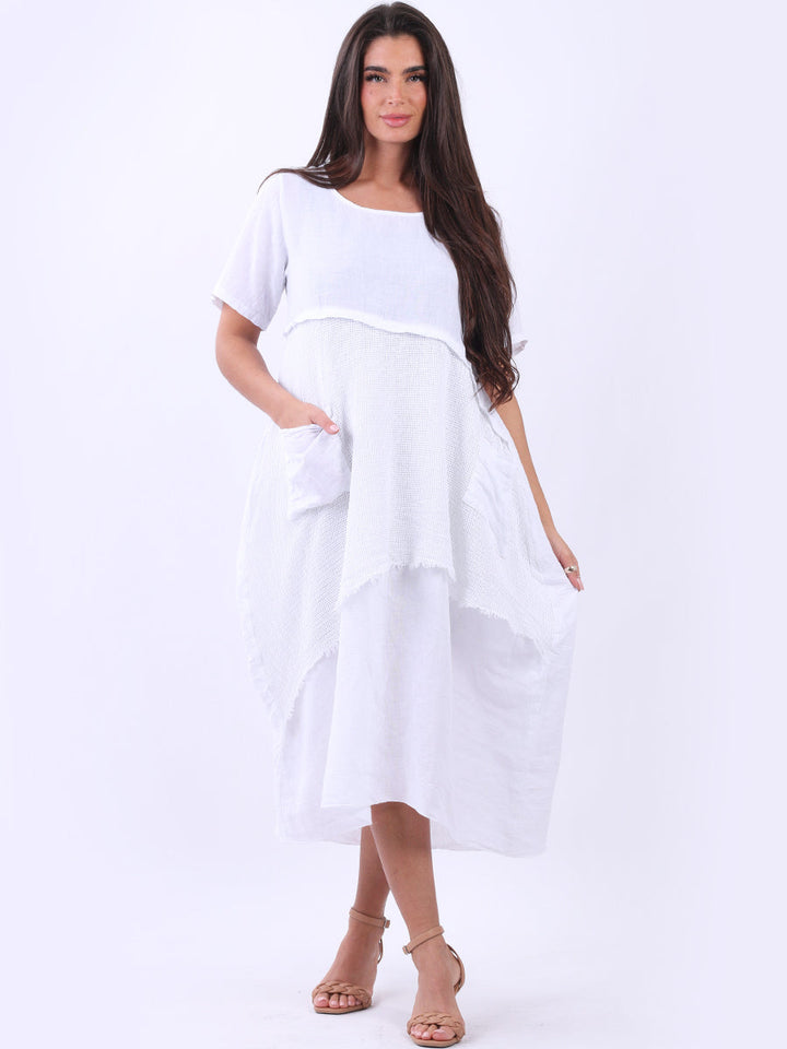 Mesh Net Linen Midi Dress White