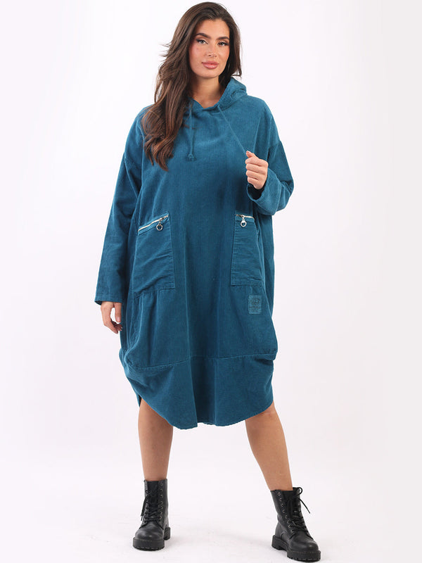Plus Size Cotton Corduroy Lagenlook Quirky Hooded Dress