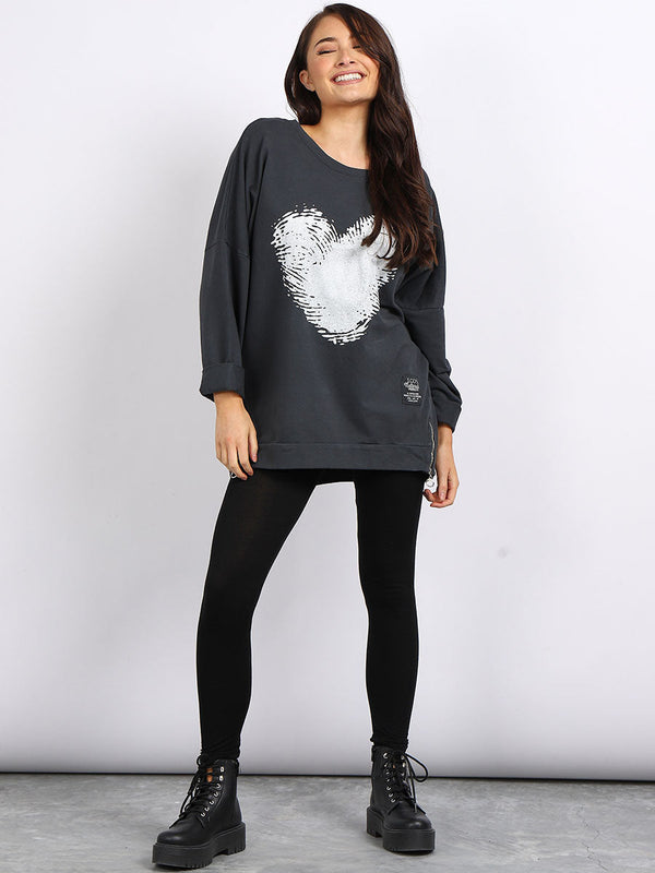 Italian Painted Heart Print Zipped Hem Baggy Tunic Cotton Top