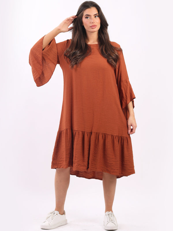 Italian Plain Bell Arms Backside Knot Lagenlook Frilled Midi Dress