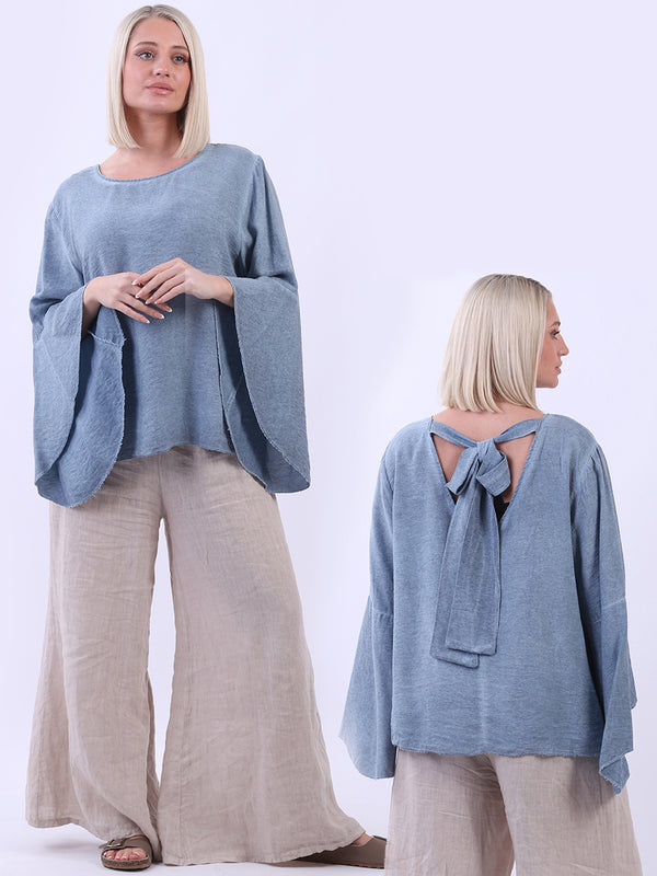 Italian Plain Bell Sleeves Knotted Backside Cotton Lagenlook Top