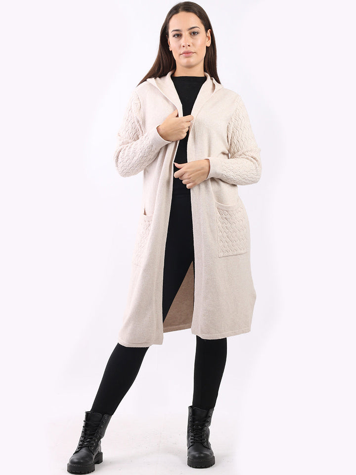 Cable Knit Hooded Cardigan Beige