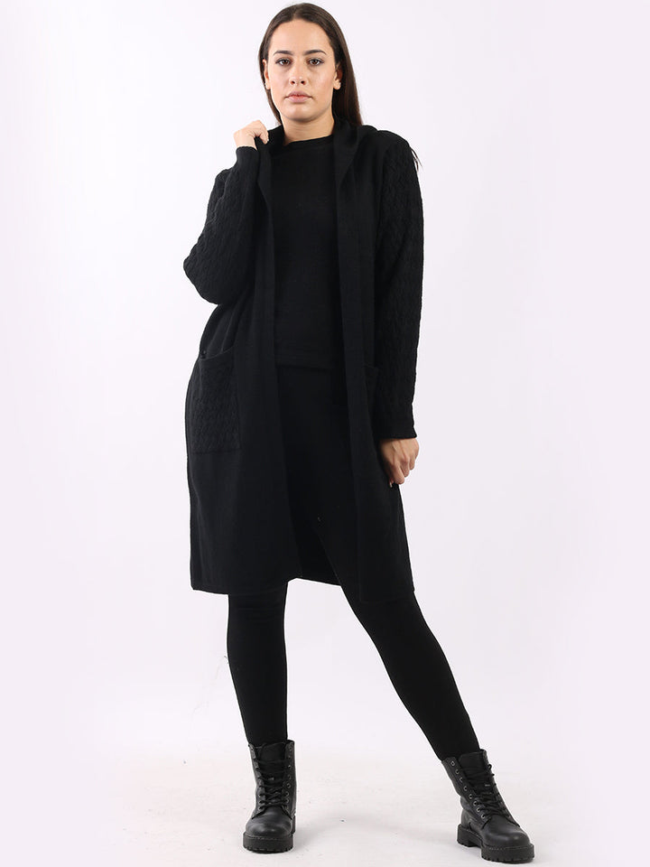 Cable Knit Hooded Cardigan Black