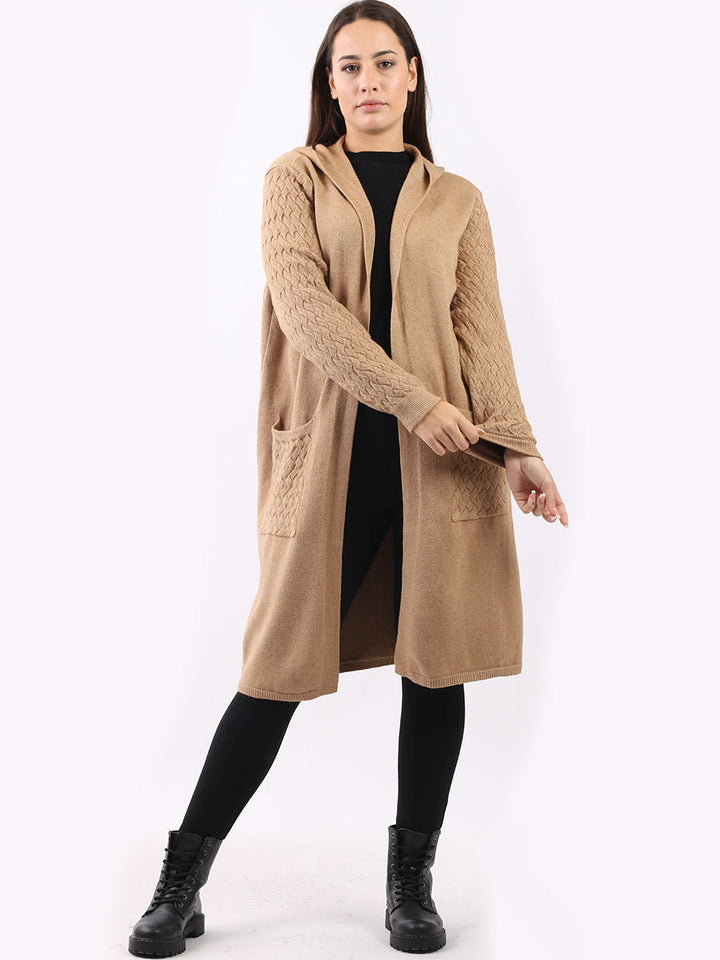 Cable Knit Hooded Cardigan Camel