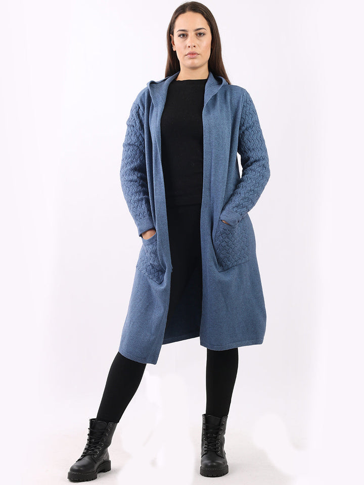 Cable Knit Hooded Cardigan Denim