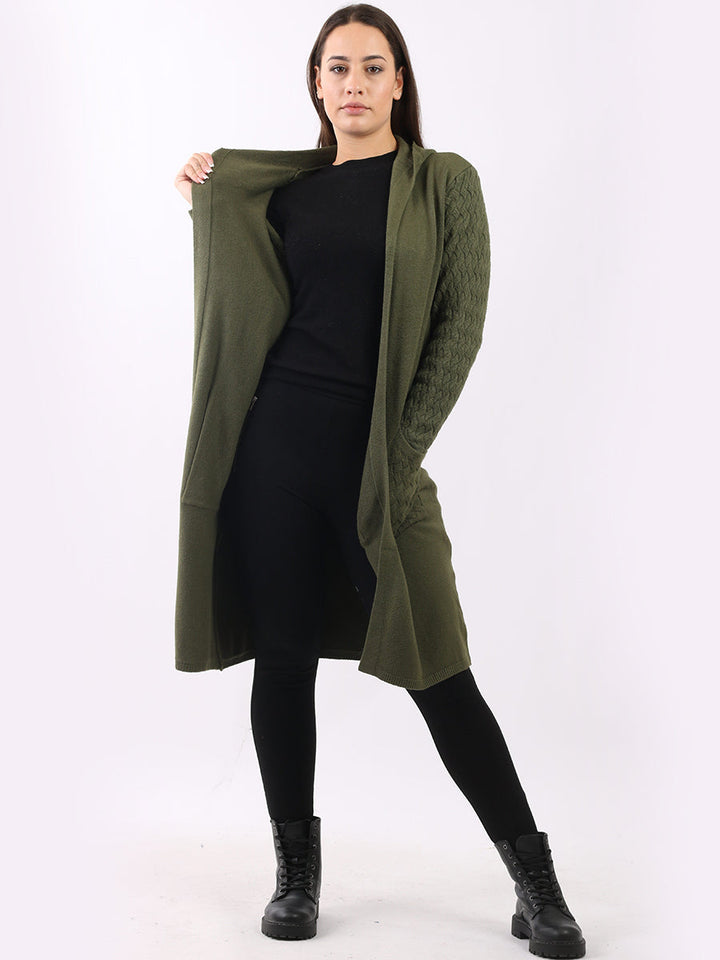 Cable Knit Hooded Cardigan Khaki