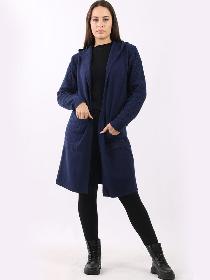 Cable Knit Hooded Cardigan Navy